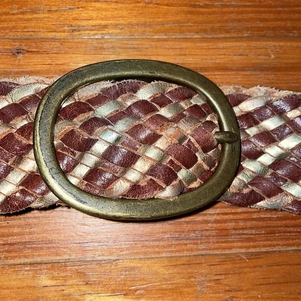 American Eagle Braided Leather Belt Brown Gold Oval Buckle Womens S/M